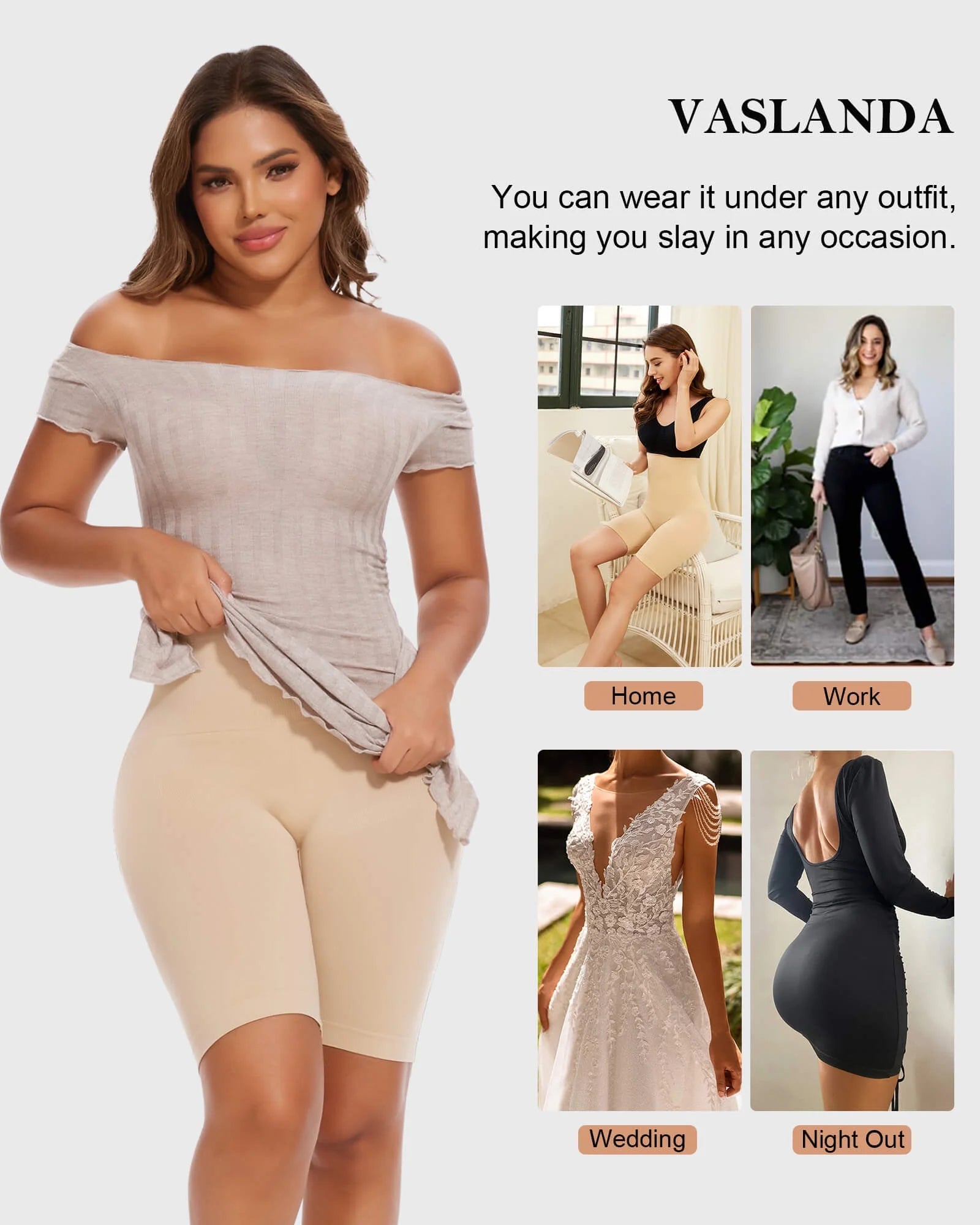 Vaslanda 2 Packs Tummy Control Shapewear Shorts Faja Body Shaper for Women High-Waisted Thigh Slimming